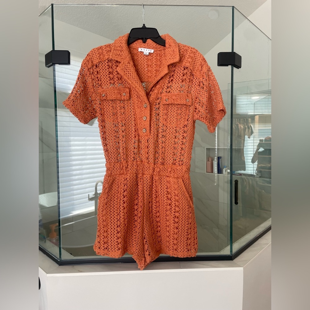 HYFVE Orange Crochet Short-Sleeve Romper